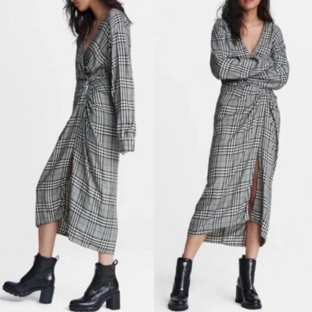 RAG & BONE Amber Plaid Front Twist Long Sleeve Midi Dress Size 4